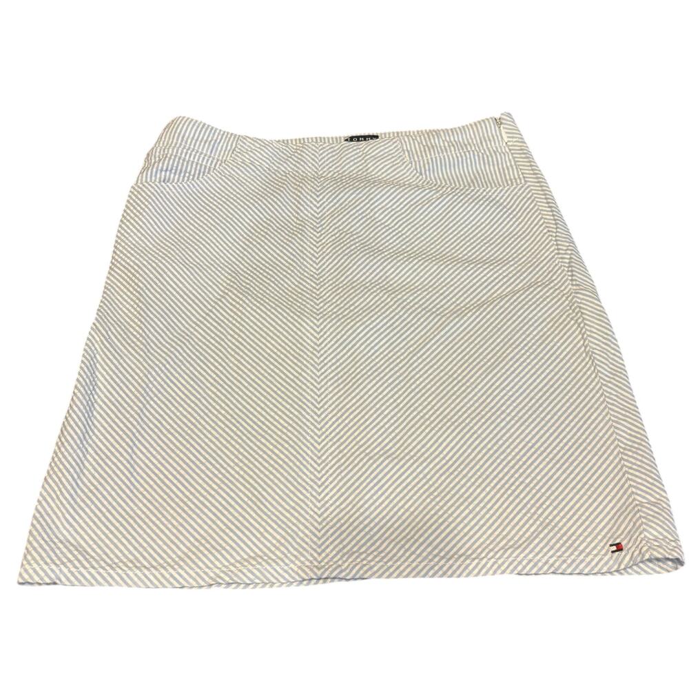 Vintage Tommy Hilfiger Blue White Striped Skirt Side Zip Seersucker Size 12